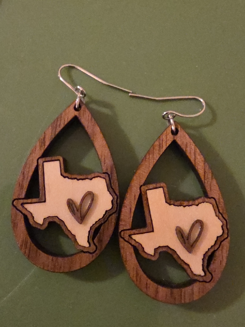 Jamielizabeth Wooden Texas Heart Teardrop Earrings - Natural Brown